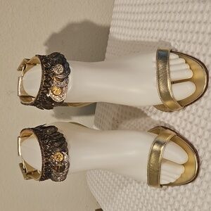 Manolo Blahnik Gold Metallic Coin-Ankle Strap Heels
